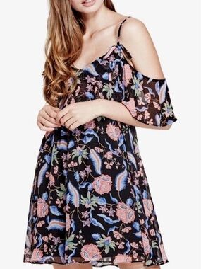 Guess Women's Jazmin Cold-Shoulder Flounce Dress BLACK MULTI Size S